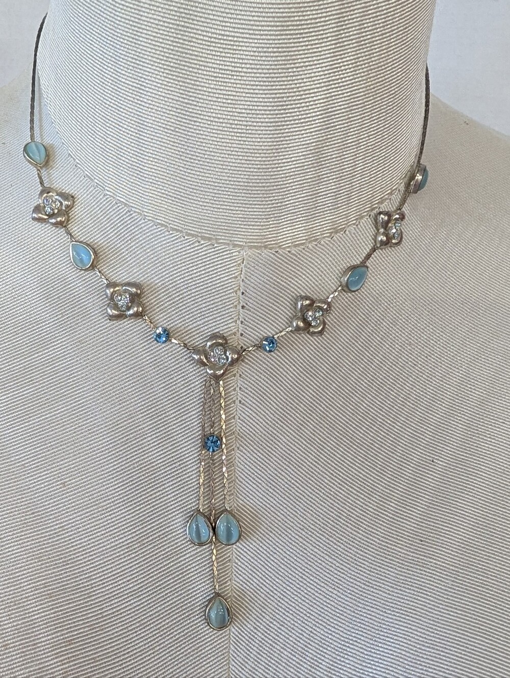 Vintage Necklace Crystal Bohemian Blue  Teardrop Lariat  - Women Jewelry